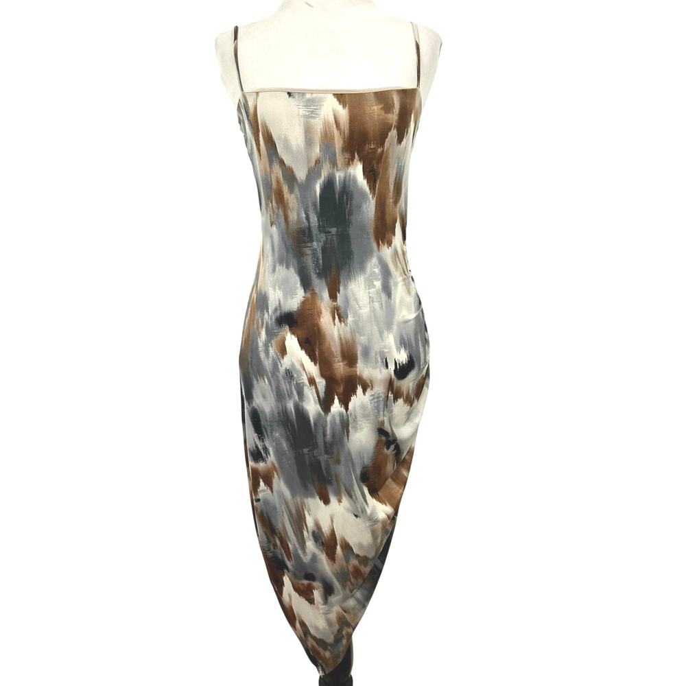 Windsor Abstract Print Bodycon Midi Dress M Brown Gray Ruched Asymmetrical Hem